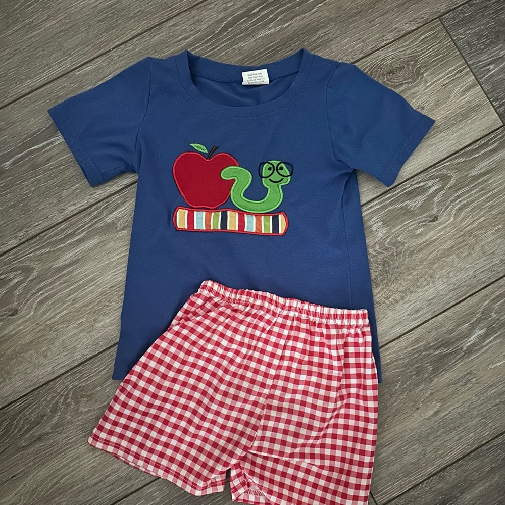 Embroidered boutique style boy, set with Apple and Worm Design